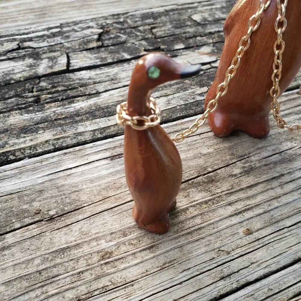Vtg‎ Mid Century Wood Penguin/duck Trio Linked w/Chain Rhinestone Eyes Hong Kong
